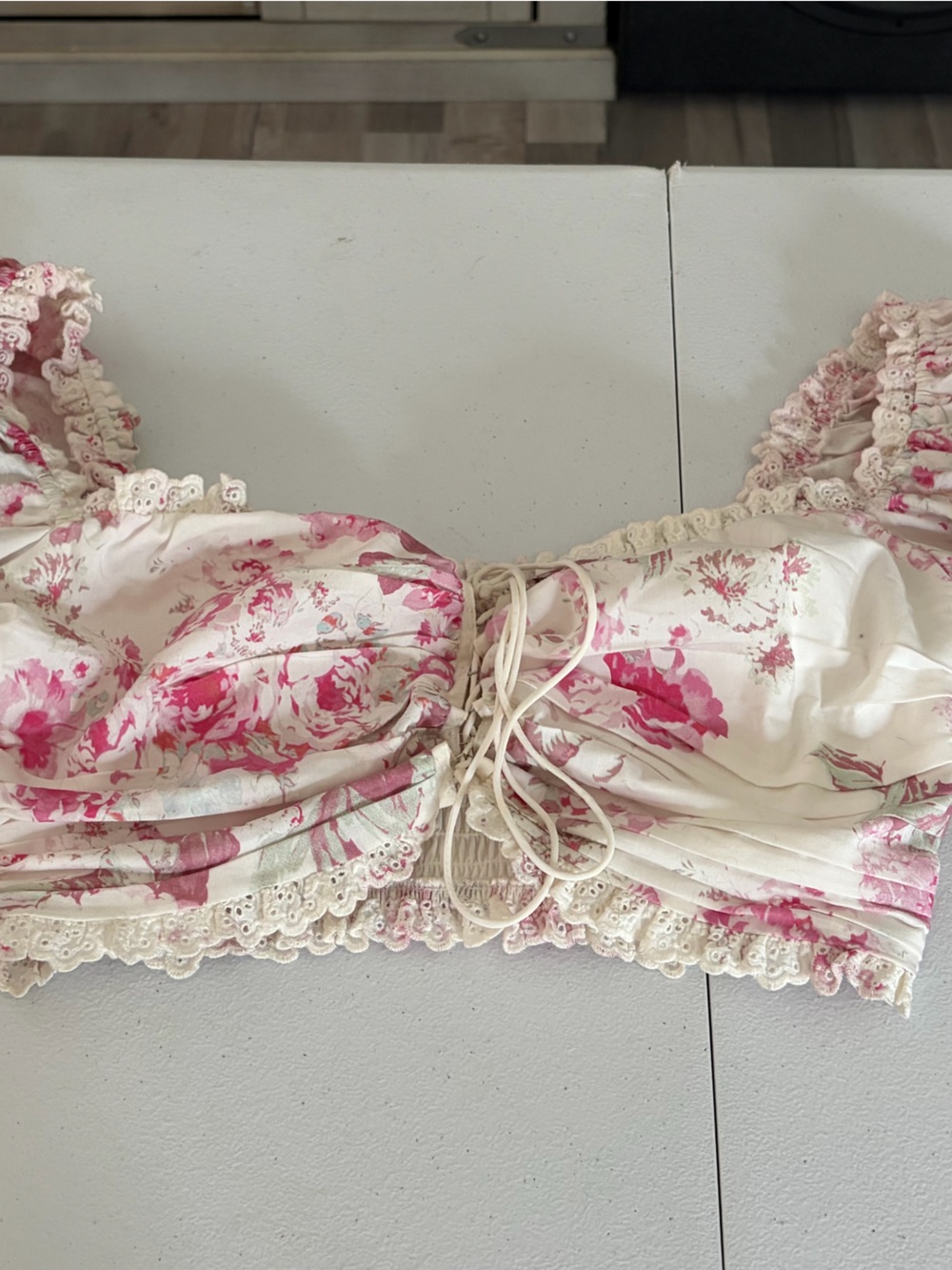 For Love and Lemons.  Medium Floral Lace-Trim Crop Too  in Pink and Cream